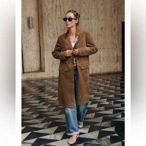 FAUX SUEDE FROCK COAT WITH BROOCH